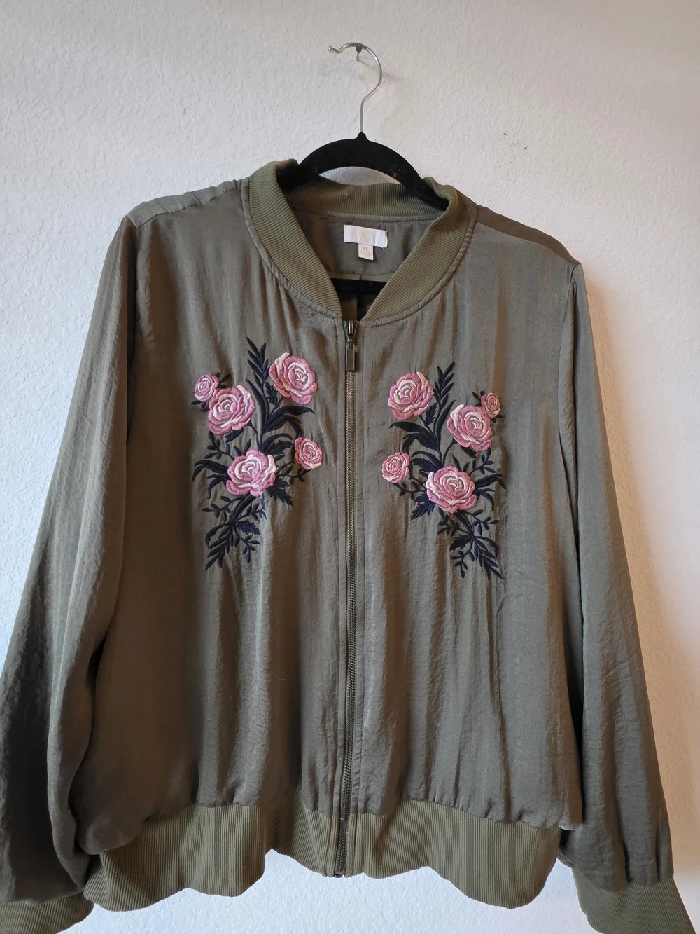 Women's Olive Green Embroidered Rose Bomber Jacket - Picture 6 of 9